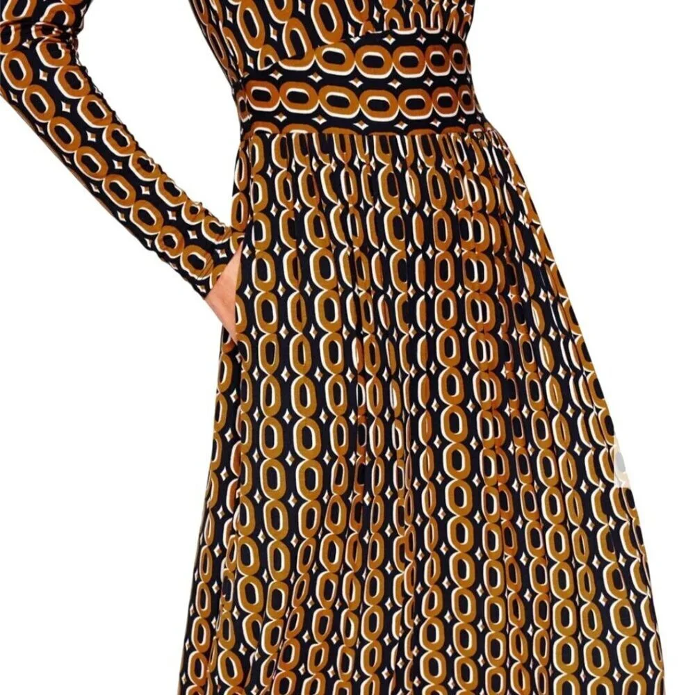 Boden NWT Thea Long Sleeve Jersey Dress Ochra Chain Midi Size 16-18R